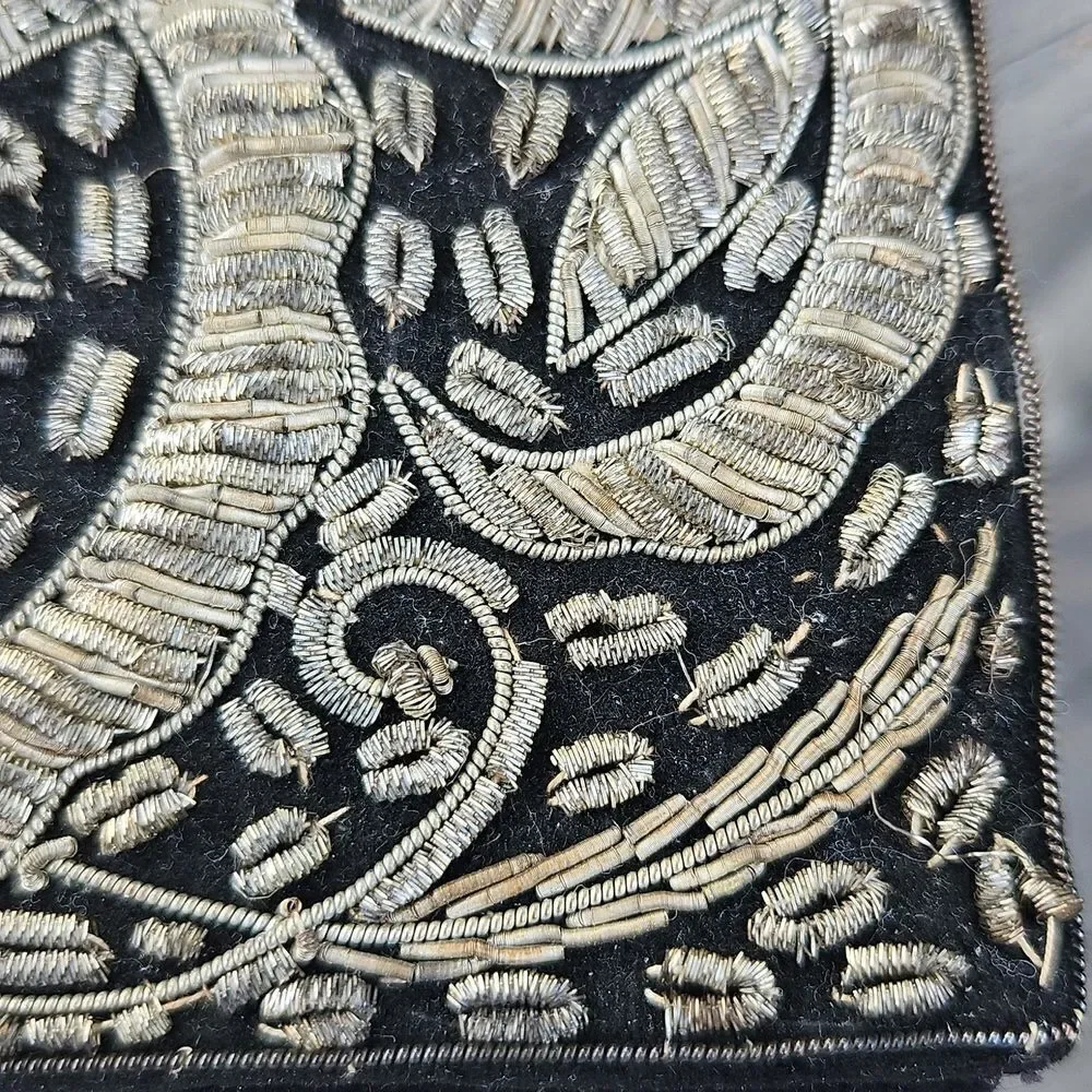 Vintage Black Velvet Clutch with Gold Metal Wire Coilwork Embroidery